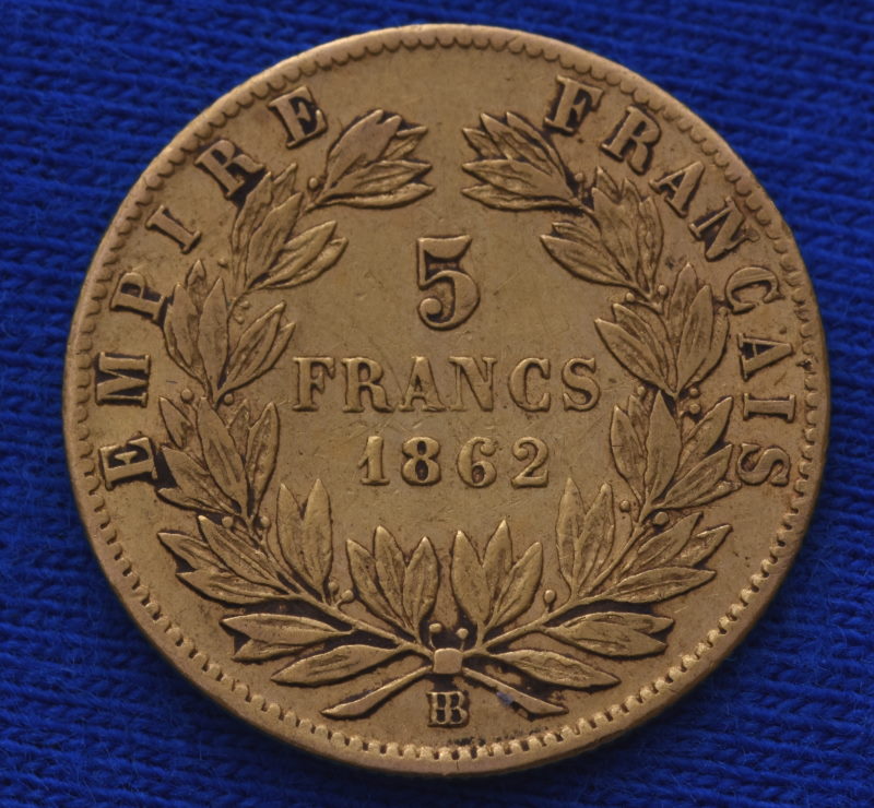 5 Francs Napoleon III mit Kranz - 1862 BB (1).JPG
